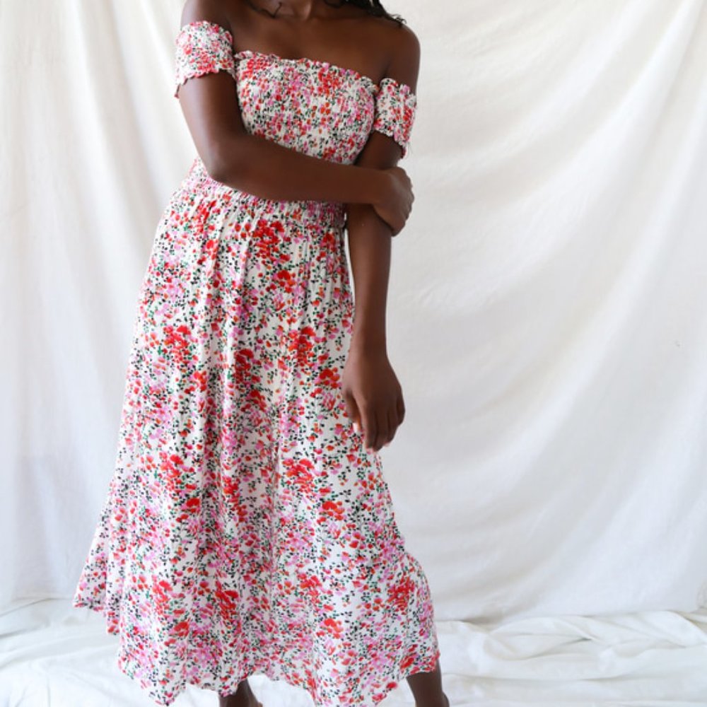 Lulus View from the Meadow Cream Floral Print Off-the-Shoulder Dress